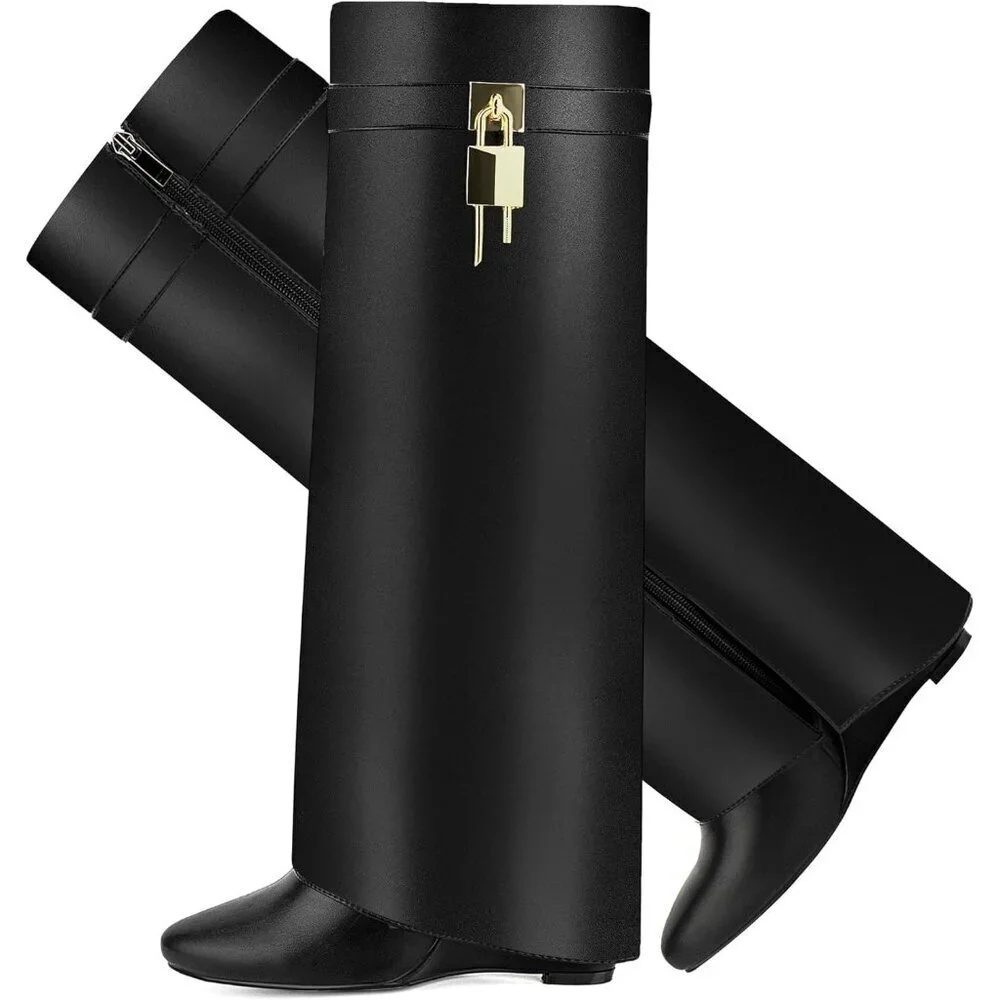 Women Faux Leather Black Pull-on Wedge Heel Knee Shark Padlock Design Boot